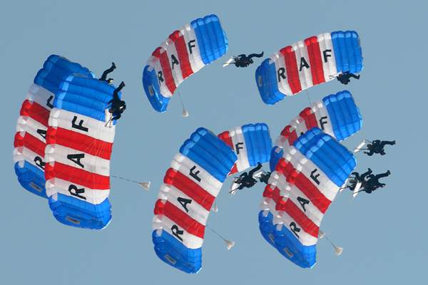 The patriotically emblazoned RAF Falcons Parachute Display Team dropped in perfect conditions each day with blue skies and light winds at RAF Waddington Airshow 2011. - Image Copyright R.J.Heard/Focalplane Photography